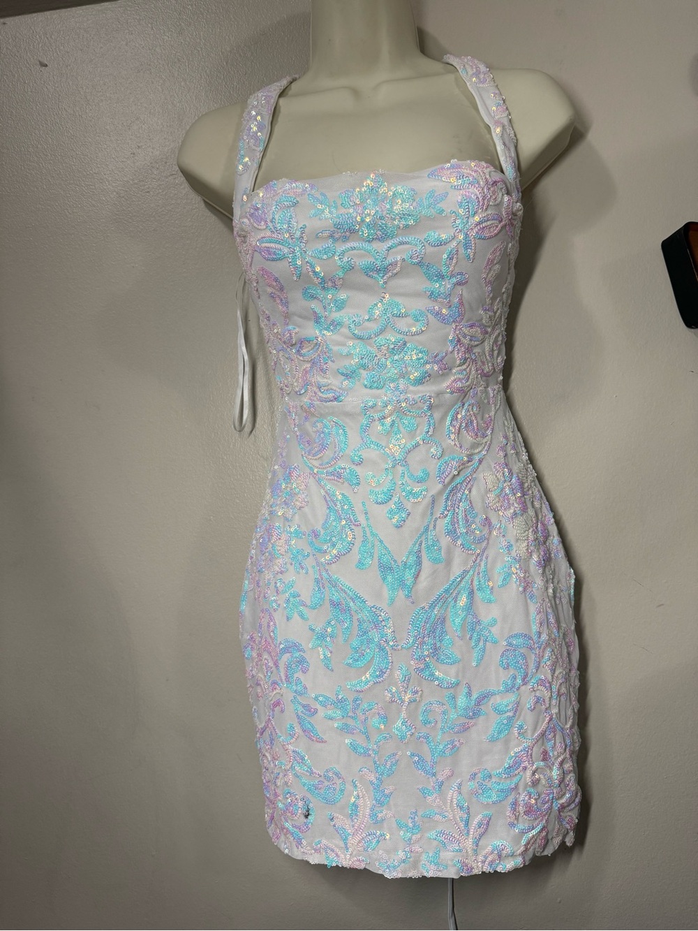 Windsor White Mini Dress with Iridescent Blue & Pink Sequin Embroidery